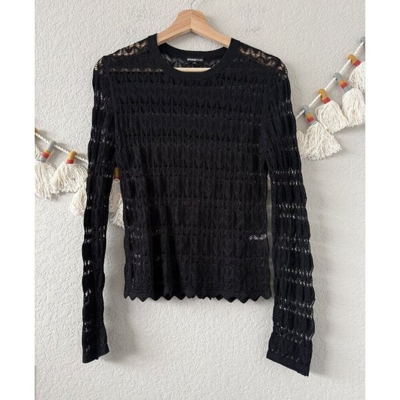 Minnie Rose Black Pointelle Open Knit Sheer Long Sleeve Top Whimsygoth Beach M - Picture 1 of 9